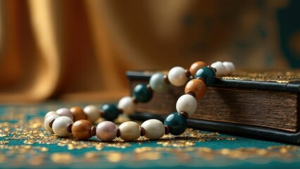 Islamic prayer beads (tasbih) placed on an old holy book with golden decorations on green fabric. Spiritual devotion, faith, and Ramadan concept