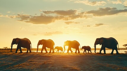 Obraz premium A family of elephants walking in a line during sunset.
