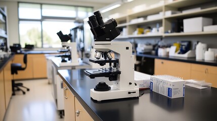 Fototapeta premium Microscopes sit in a laboratory setting, inside with cabinets and windows