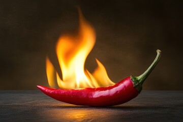 A red pepper is on a table with a flame underneath it