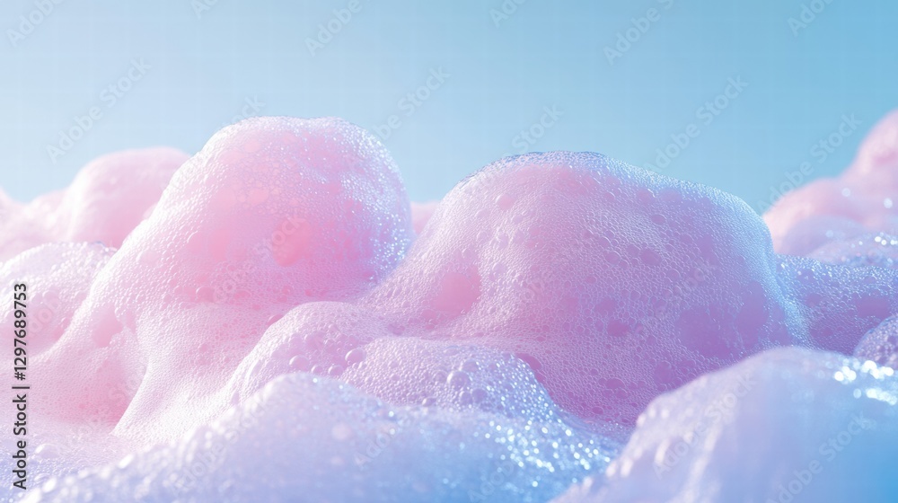 Poster bubble formations in soft pink hue against a clear blue background during daylight hours. generative
