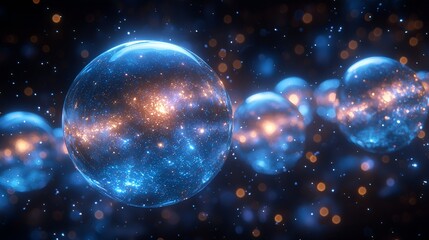 Abstract spheres in space, glowing orbs, cosmic background, futuristic, visual art