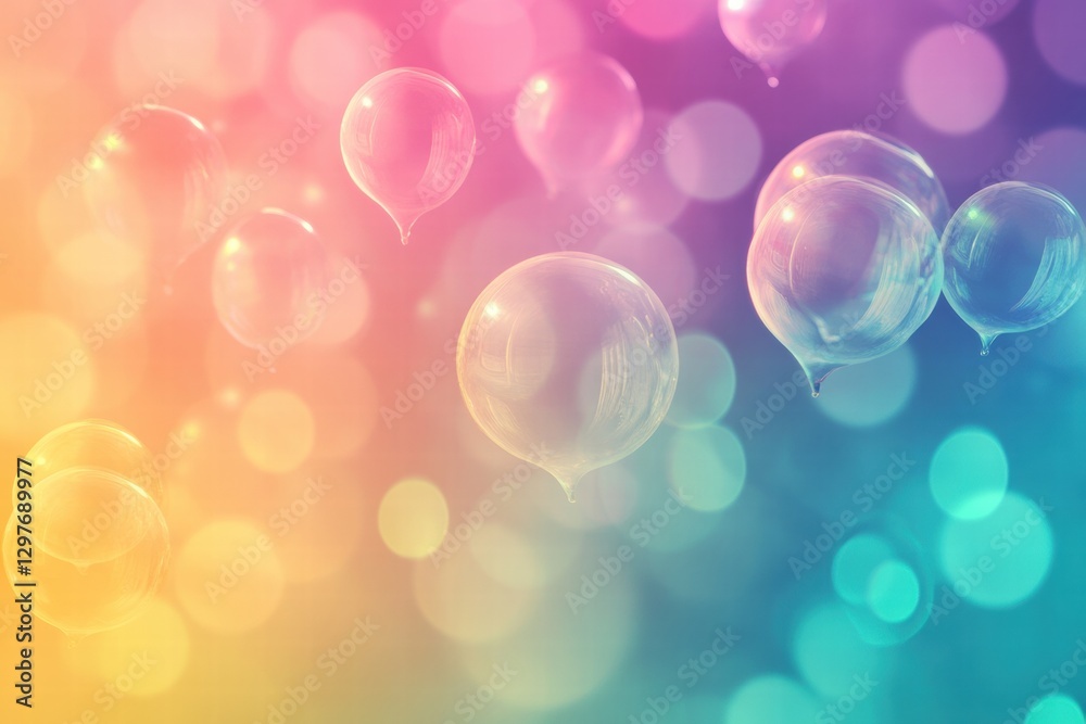 Poster colorful translucent balloons float against a vibrant bokeh background in soft pastel shades during 
