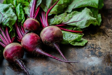 A bunch of red beets are on a table