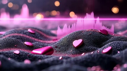 Abstract representation of love and music with heart shapes and sound waves in a dreamy landscape at night