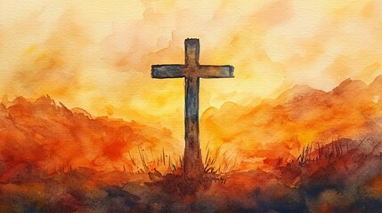Obraz premium Watercolor Painting of a Cross at Sunset