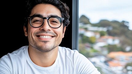 Fototapeta premium Smiling Young Man in Glasses Posing by Window with City Background