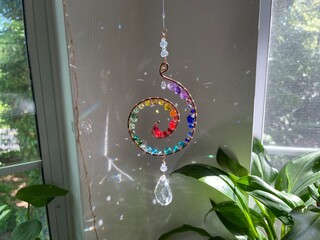 Beautiful colorful suncatcher made from the glass beads and metal. Sun catcher pendant home decor rainbow chakras 