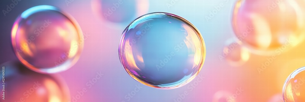 Poster Colorful soap bubbles floating in a soft light background during a summer afternoon. Generative AI