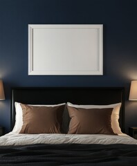 Empty white framed print on navy wall, modern bedroom, warm lighting, interior design