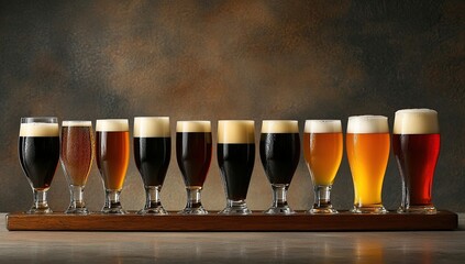 Assortment of Beers in Tasting Glasses on Wooden Board