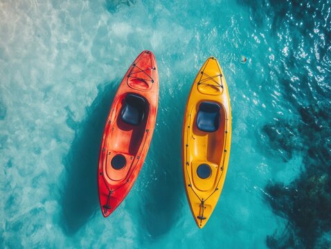 Aerial view of two colorful kayaks floating on crystal clear turquoise water creating a serene summer vibe for outdoor adventure - Powered by Adobe
