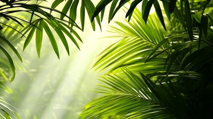 Obraz premium Lush Green Tropical Jungle With Sunlight Streaming Through Palm Fronds