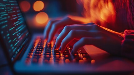 Hands of a person typing on a illuminated laptop keyboard
