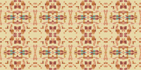 Abstract seamless geometric pattern. Earthy tones. Brown, red, blue and beige colors. Repeating design. Intricate motifs. Textured appearance. Modern style. Ethnic and boho chic inspiration.