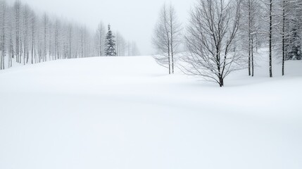 Fototapeta premium Bare trees stand in a vast snow-covered field under an overcast winter sky.