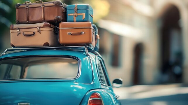 Car loaded with luggage travels city street; building and greenery background