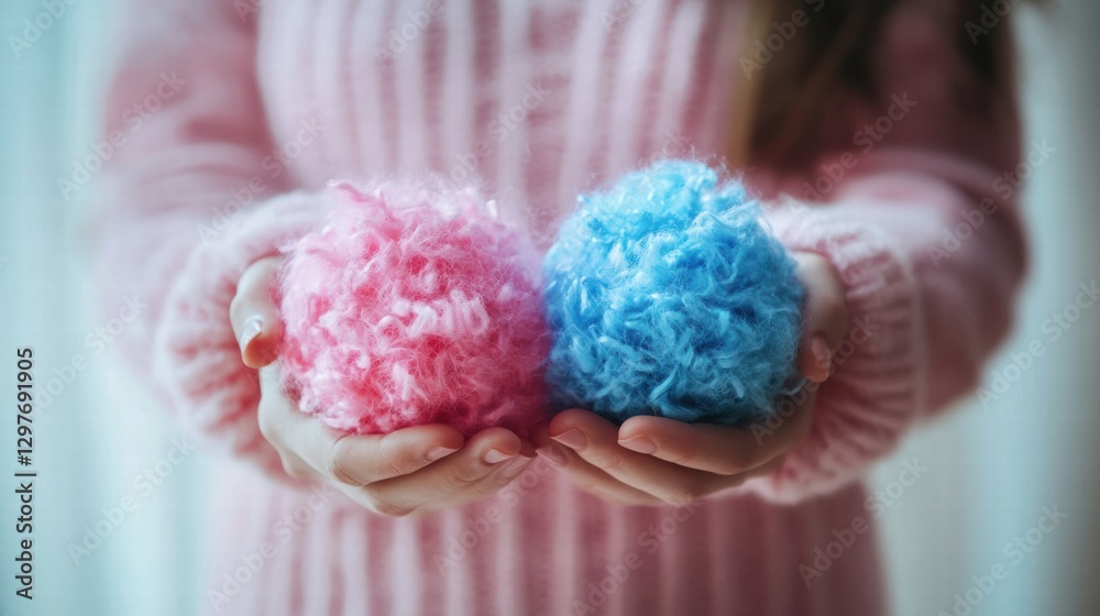 Poster child holds two fluffy pom poms in contrasting colors inside a cozy indoor setting during daytime. g