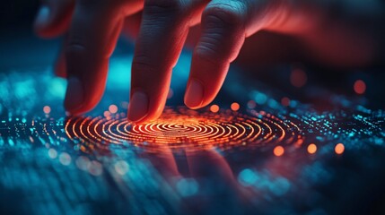Human hand interacts with fingerprint scan on a glowing surface