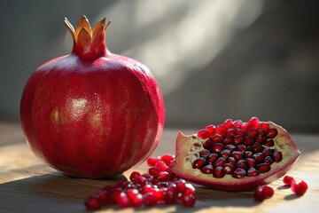 A red pomegranate is sitting on a table with a few red seeds scattered around it