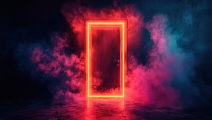 Glowing Neon Doorway in Dark Room with Red and Blue Smoke