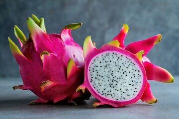 A large red dragon fruit with black seeds is cut in half