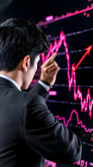 Analyst reviews market trends on screen