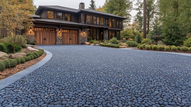 Modern home driveway with pebble stone paving
