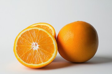 Two oranges, one cut in half, sit on a white background