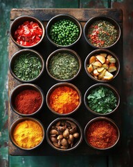 Aromatic Spices and Herbs in Rustic Bowls on Wooden Tray A Culinary Symphony of Flavors and Colors for Gourmet Cooking and Creative Food Photography