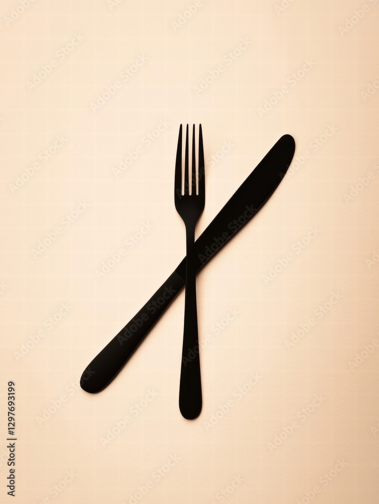 Poster black fork and knife crossed on beige background showcasing elegant dining cutlery and minimalist de