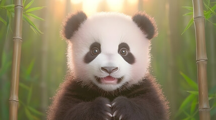 Obraz premium Happy panda cub in bamboo forest, sunrise