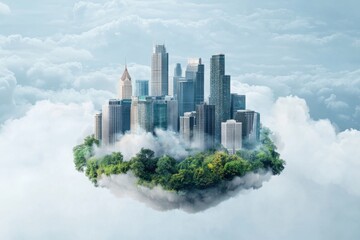 Fototapeta premium Dreamy Cityscape Above Clouds with Lush Greenery Below