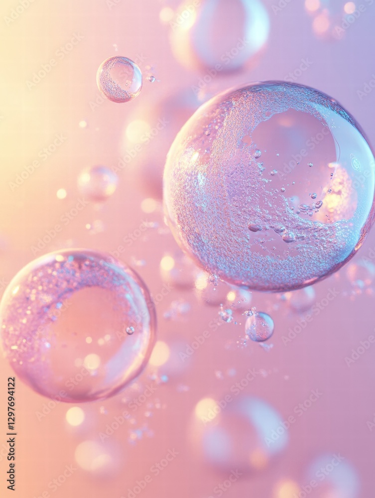 Poster Colorful bubbles float in soft light creating a dreamy atmosphere. Generative AI