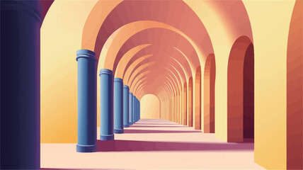 Fototapeta premium Digital illustration of an abstract architectural space. The image depicts a long corridor lined with rounded arches supported by cylindrical columns. The columns are primarily blue, contrasting