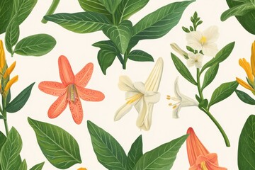 Colorful Floral Pattern with Leaves and Various Blossoms