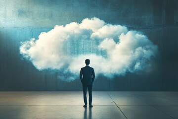 A man stands in front of a large cloud, looking up at it