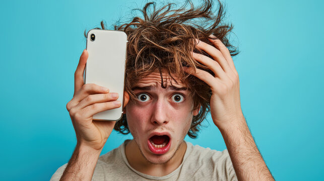 Mobile fraud. A worried young man with disheveled hair holds a mobile phone up to his face. He looks surprised and lost. Panic and fear. The guy stands with his eyes and mouth wide open