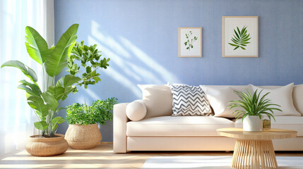 Indoor decoration, sofas and green plants