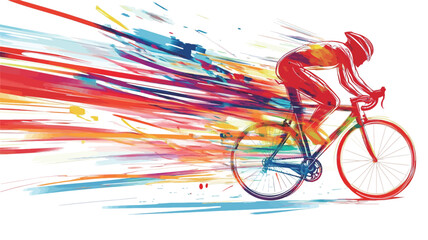 An illustration depicting a stylized cyclist riding a road bike. The cyclist is rendered in shades of red and orange, while the background features an abstract burst of colorful, dynamic streaks