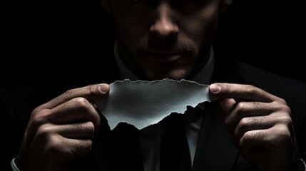 Man tearing paper, dark suit, mysterious office backdrop, dramatic light, focused gaze