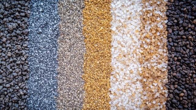 Stripes of various colored gravel and salt crystals arranged neatly in parallel lines. A captivating display of textures and hues, ideal for design or background.