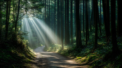 Obraz premium through a forest with tall, narrow trees and rays of sunlight piercing through the canopy, creating a peaceful atmosphere for hikers 