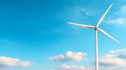 Fototapeta premium White wind turbine stands tall against a bright blue sky with light clouds during daytime, representing clean renewable energy.