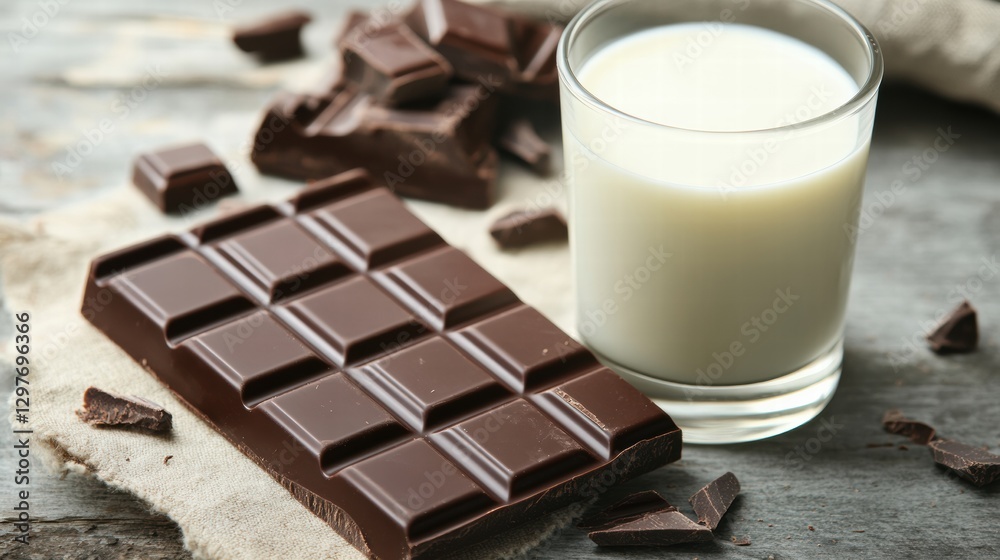 Poster dark chocolate bar and glass of milk on a rustic wooden table with chocolate pieces scattered around