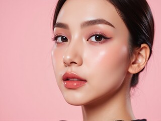 Fototapeta premium stunning fashion model with vibrant makeup and medium wavy pink hair, exuding confidence with a seductive gaze, highlighted by glossy lips in a beauty photoshoot.