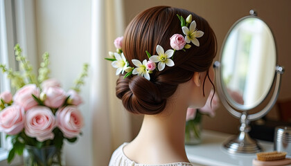 Naklejka premium Bride wearing floral crown hairstyle for spring wedding photography and bridal magazines