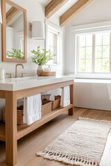 Bright bath, wood vanity, rug