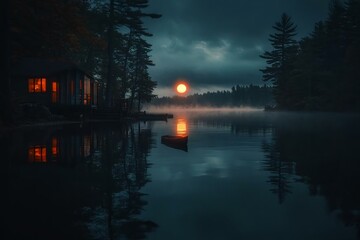 Tranquil Lakeside Cabin at Dusk with Reflections and Mist