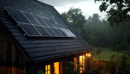 Solar Panels on House Roof During a Rainy Night